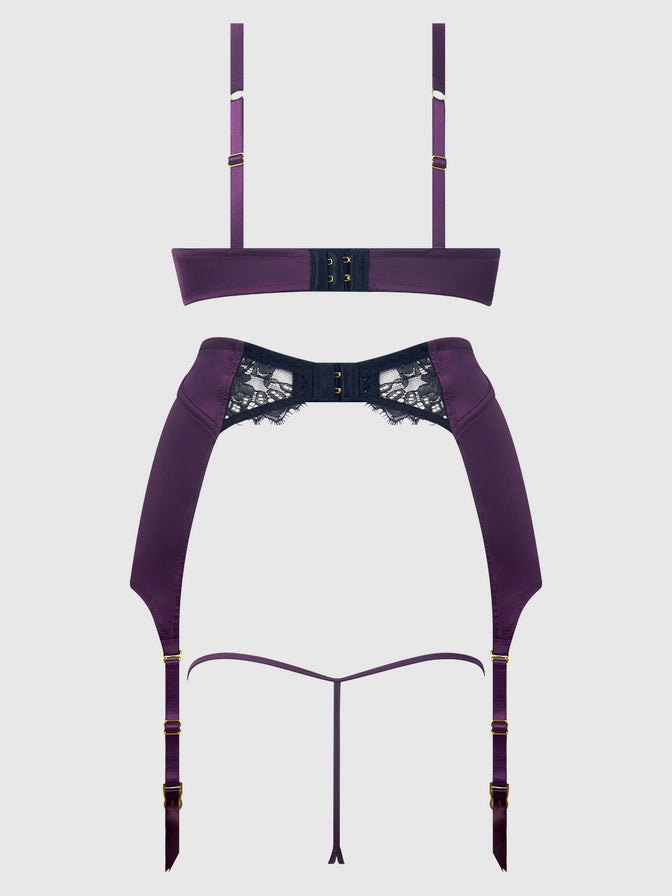 Jocelyn Satin & Lace Crotchless Thong In Purple & Black - House of Desire - BraTopia