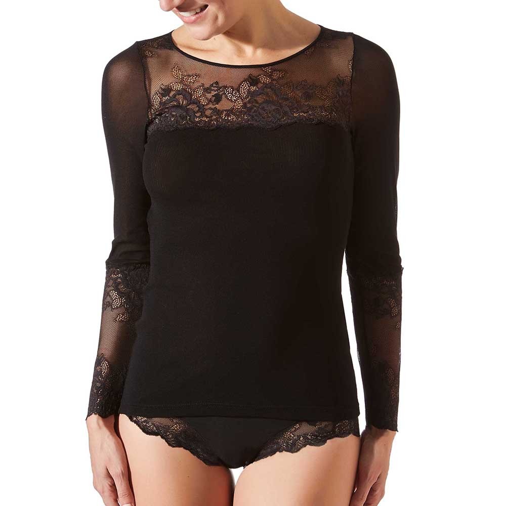 Model wearing Greta Long Sleeve In Black - Janira, front view