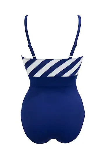 High Line V Neck Control Swimsuit In Navy & White - Pour Moi - BraTopia