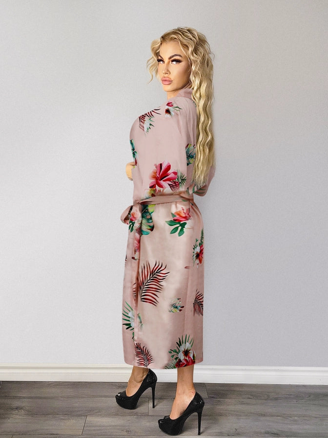 Ladies Sexy Floral Rose Printed Long Robe In Peach - Lovely Lies - BraTopia