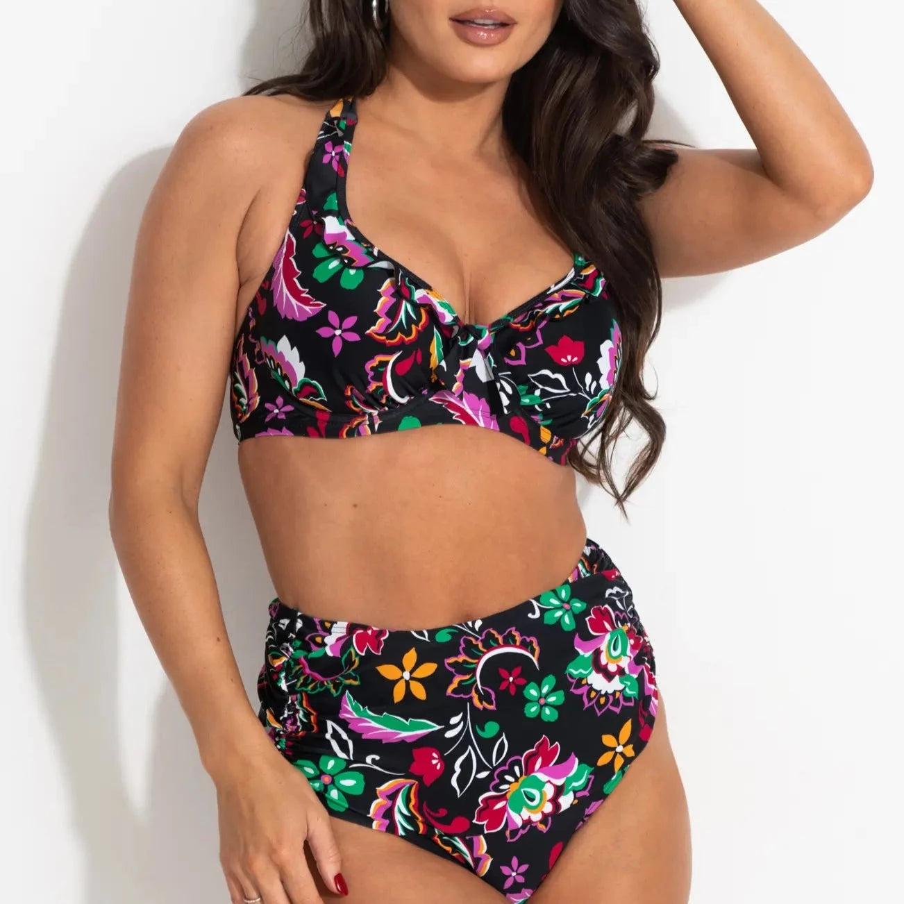 Sunshine Halter Bikini Top In Black Multi - Pour Moi - BraTopia