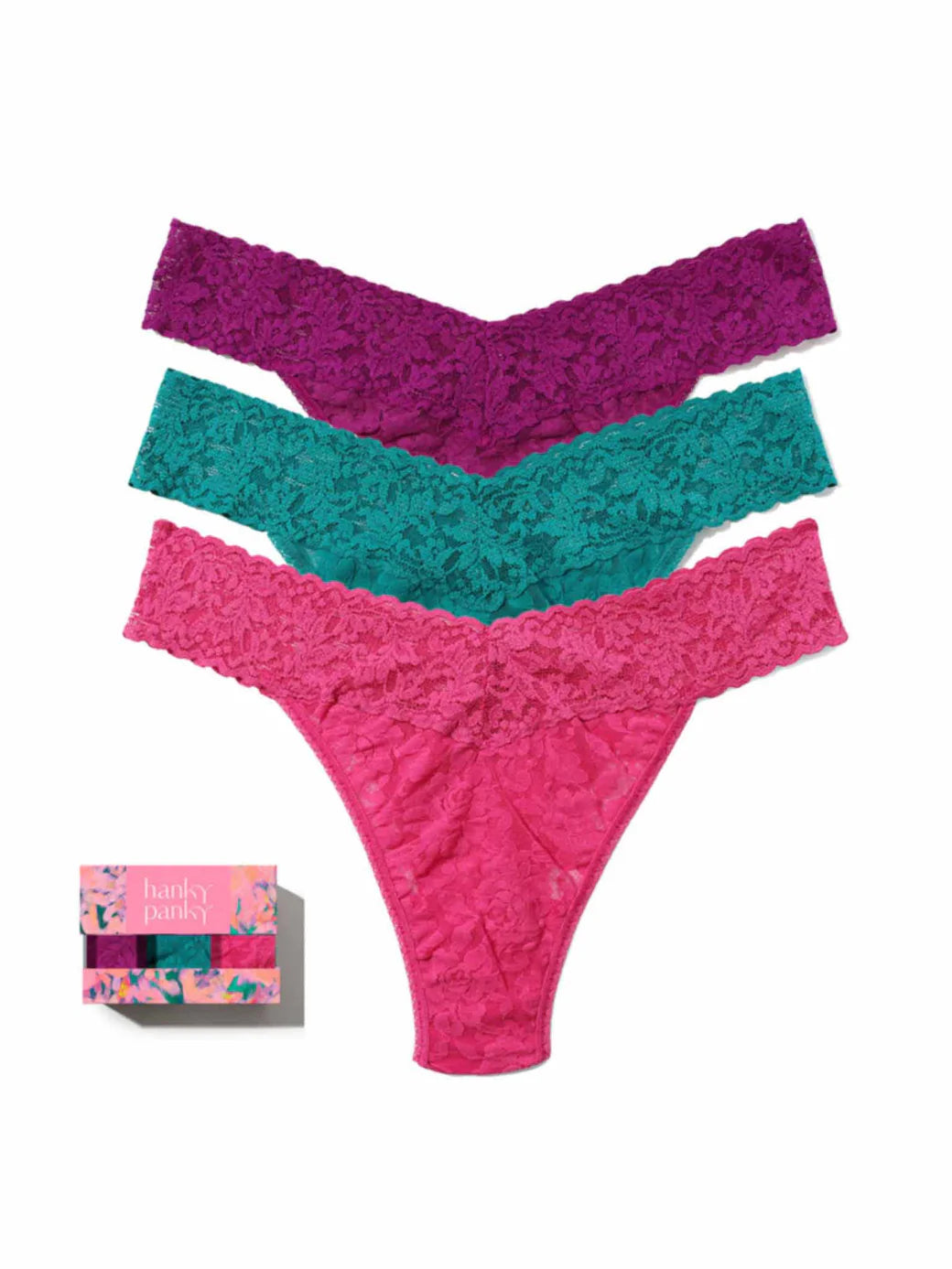 3 Original Rise Thongs in Countess Pink, Vibrant Turquoise, Enchanted Rose - Hanky Panky