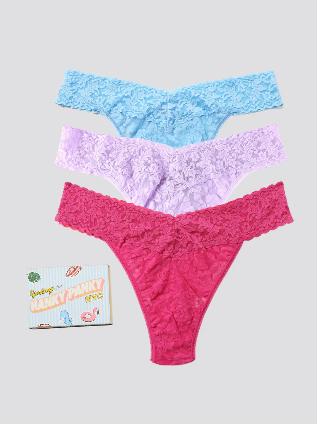 3 Original Rise Thongs in Partly Cloudy Blue, Cool Lavender Purple, Coral - Hanky Panky