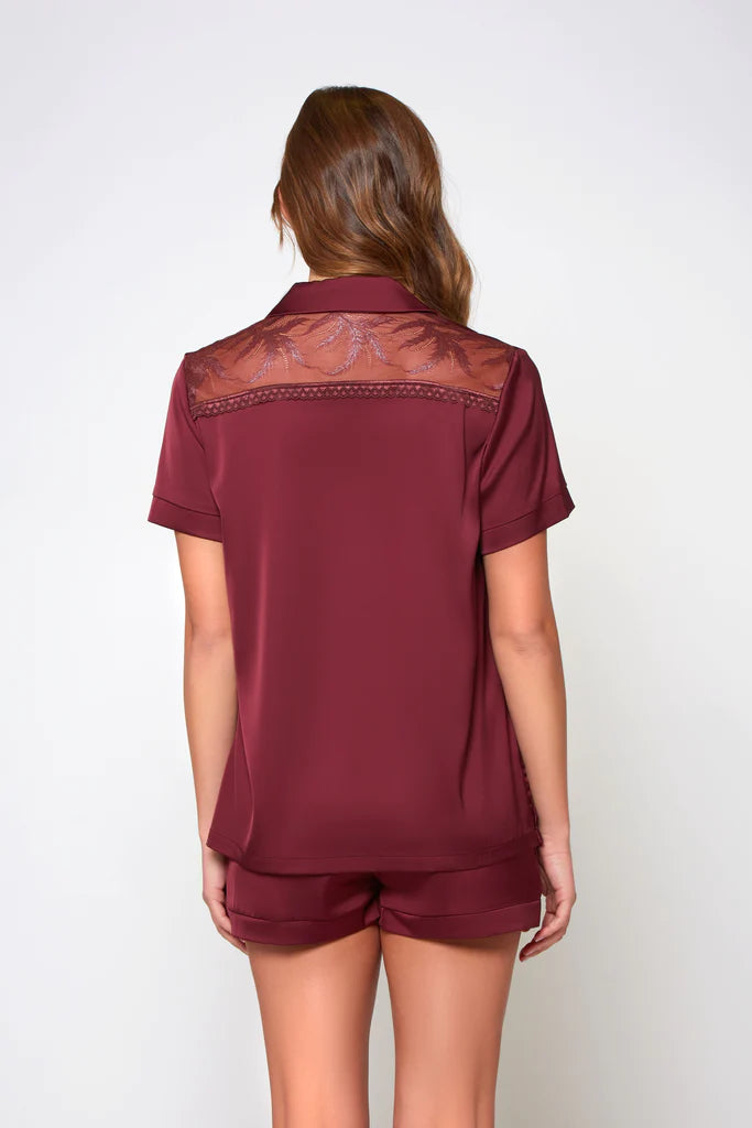 Model wearing Forest PJ Set In Burgundy, back view