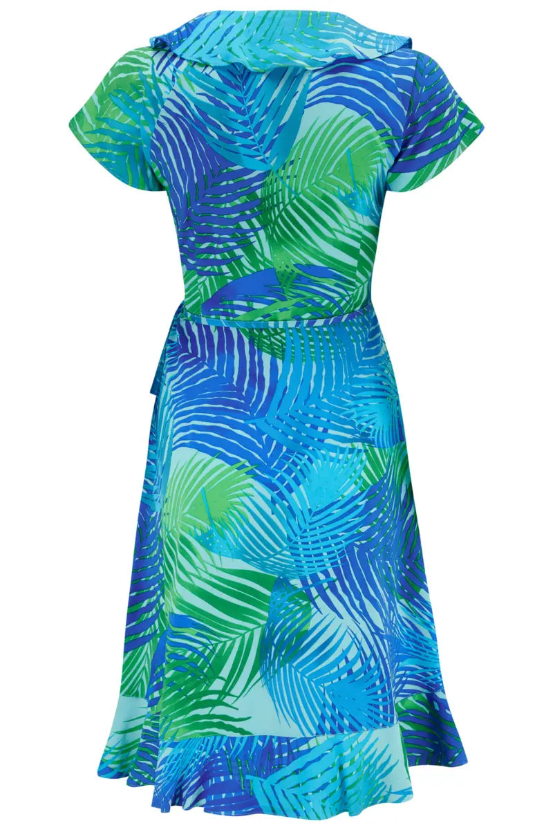 Lenzing Ecovero Viscose Frill Wrap Beach Dress In Aqua Palm - Pour Moi