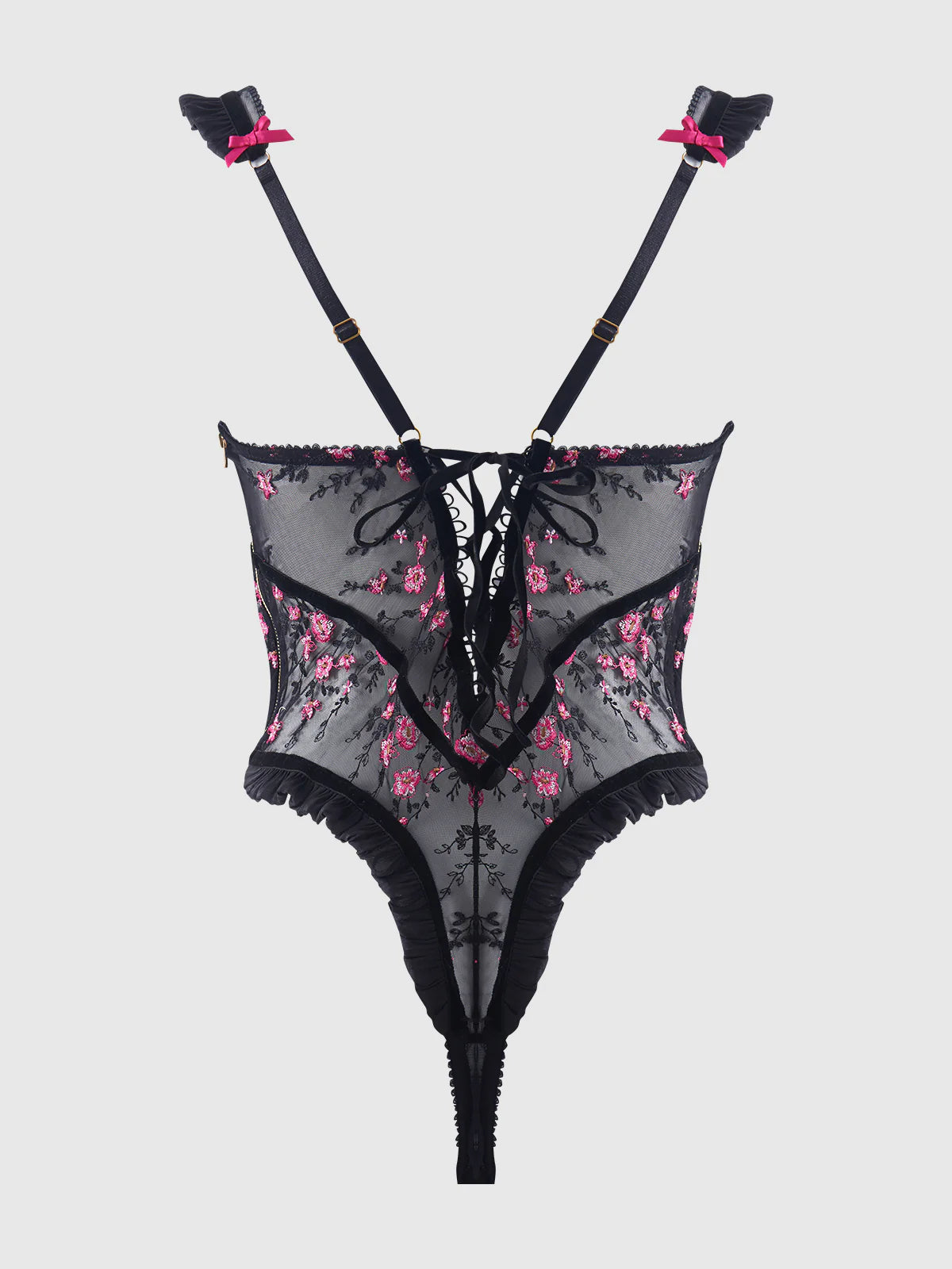 Harper Embroidered Mesh & Ruffle Teddy in Black/Pink Dragon - House of Desire