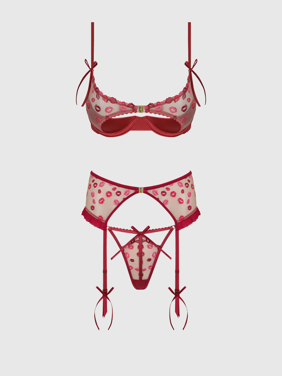 Angelina Lips Embroidery Open Cup Bra Set - House of Desire