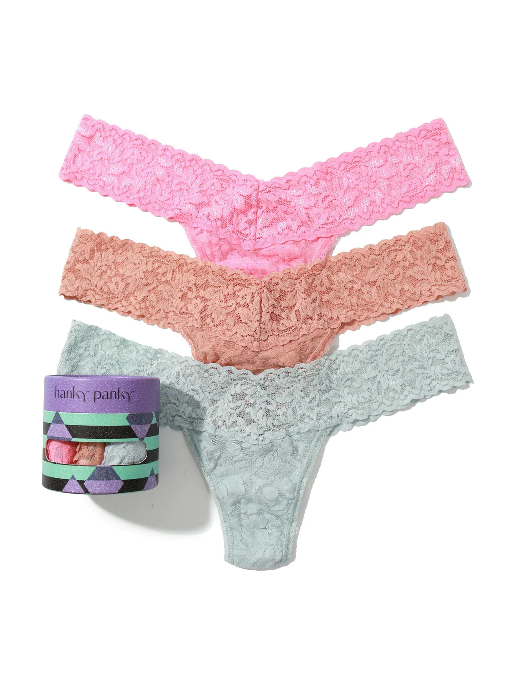 3 Low Rise Signature Lace Thong In Pink, Beige & Pearl Grey - Hanky Panky - BraTopia
