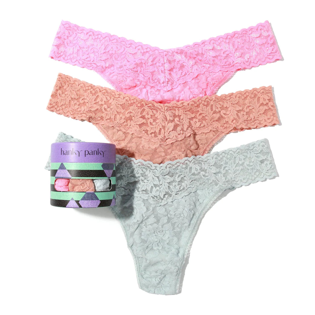 3 Original Rise Signature Thong In Pink, Beige & Pearl Grey - Hanky Panky - BraTopia