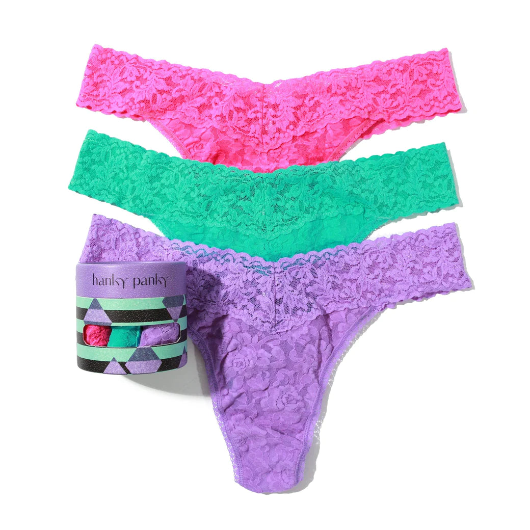3 Original Rise Signature Thong In Pink, Seafoam Blue & Purple - Hanky Panky - BraTopia