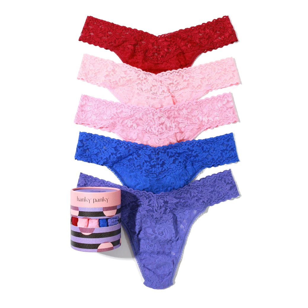 5 Original Rise Thong In Cranberry Red, Coral, Pink, Blue & Purple- Hanky Panky - BraTopia