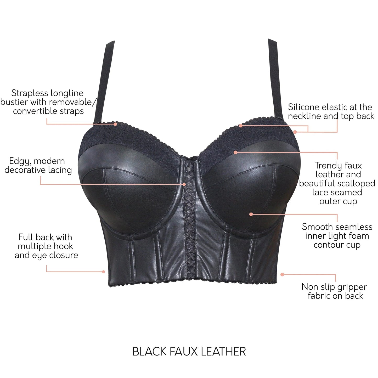 Stevie Longline Strapless Bustier in Black - Faux Leather - Parfait Lingerie