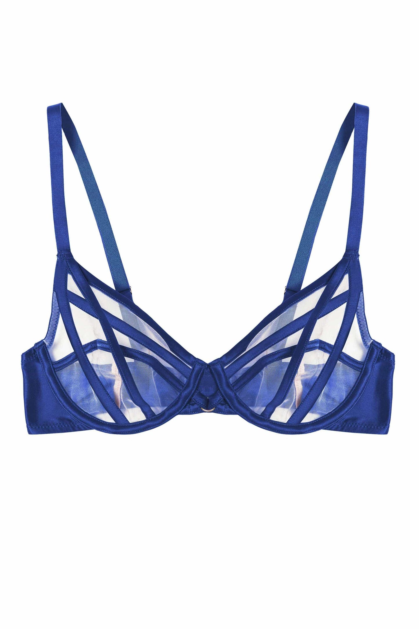 Ramona Strap Detail Illusion Mesh Plunge Bra In Cobalt - Playful Promises - BraTopia