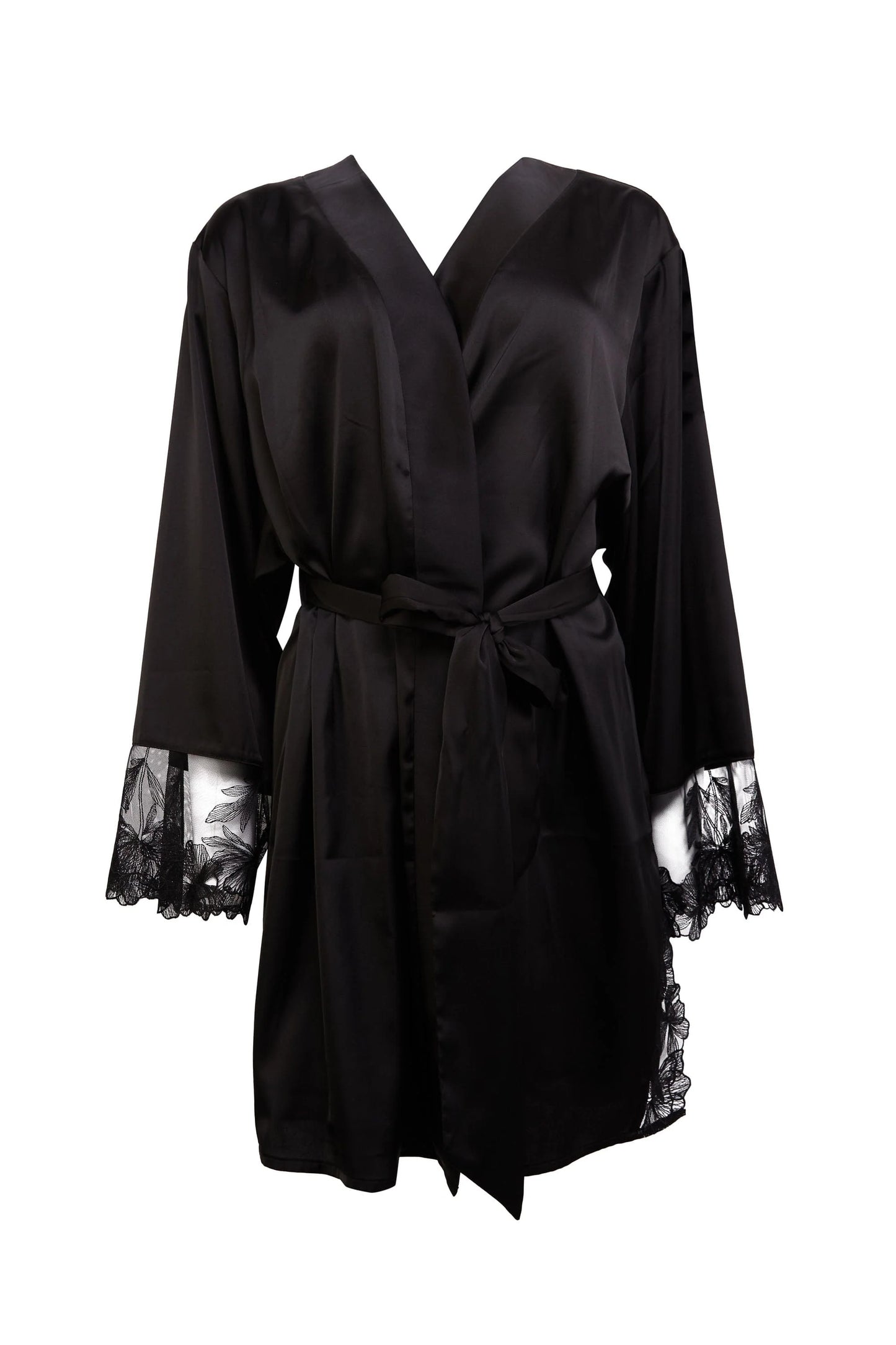 Eleanor Black Satin And Embroidery Robe In Black - Playful Promises - BraTopia