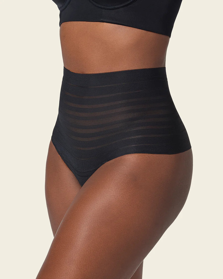 Slimming Lace Stripe High-Waisted Thong Panty In Black - Leonisa