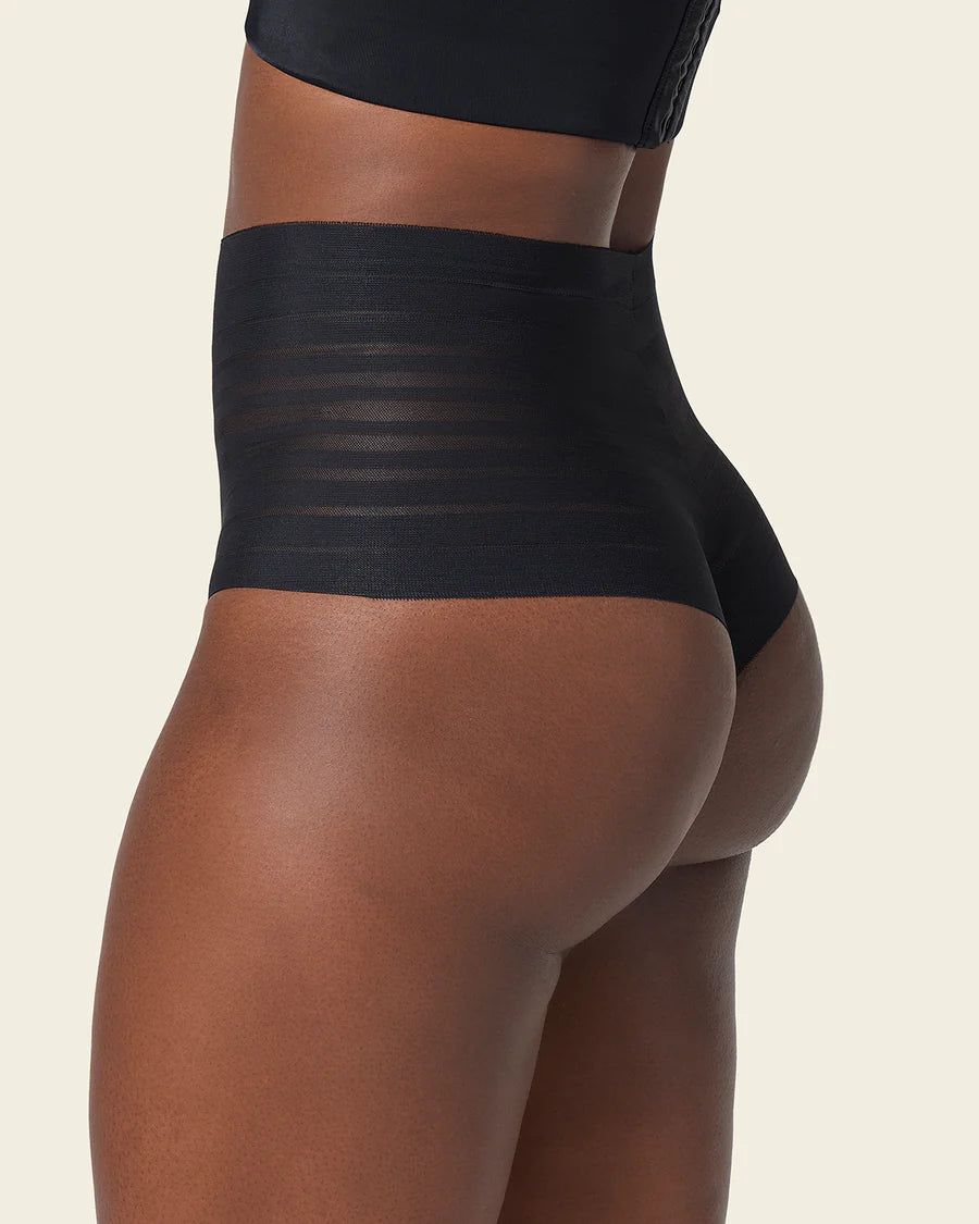 Slimming Lace Stripe High-Waisted Thong Panty In Black - Leonisa