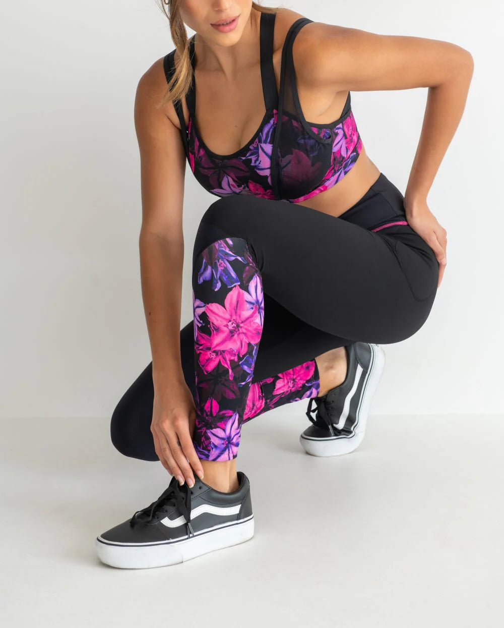 Energy Infinite Double Strap Lightly Padded Convertible Sports Bra in Black Floral - Pour Moi