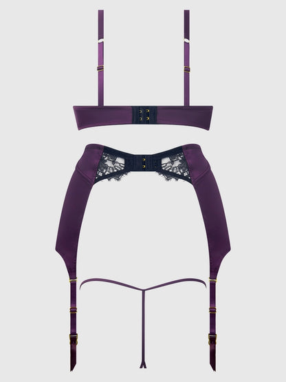 Jocelyn Satin & Lace Garter In Purple & Black- House of Desire