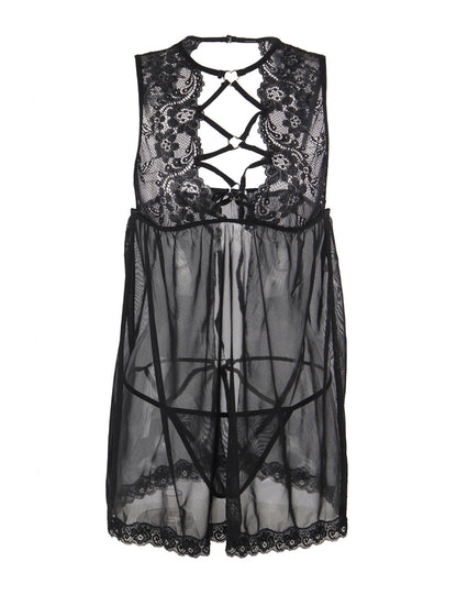 Sheer Mesh Front Lace Up Chemise in Black - Lovely Lies