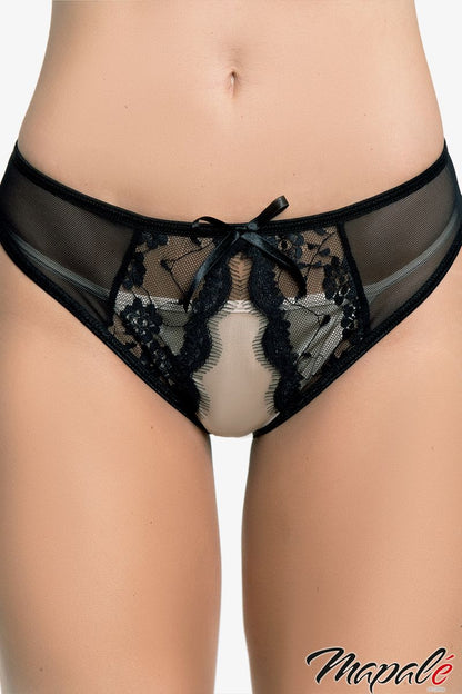 High Waist Open Lace Thong In Black - Mapale