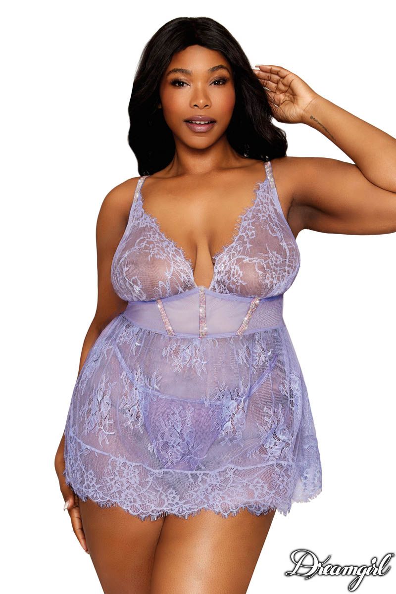 Rhinestone Lace Babydoll In Lilac - Dreamgirl