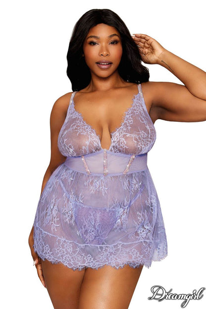 Rhinestone Lace Babydoll In Lilac - Dreamgirl