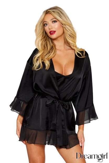 2 Piece Satin Robe Set in Black - Dreamgirl