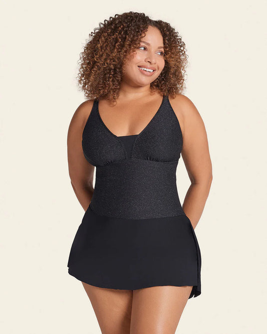 Shiny Slimming Swimsuit Dress In Shiny Black - Leonisa