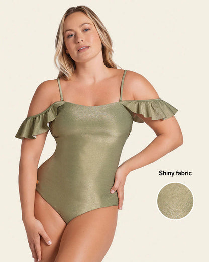 Ruffle Sleeve Shiny Slimming Swimsuit In Iridescent Green - Leonisa