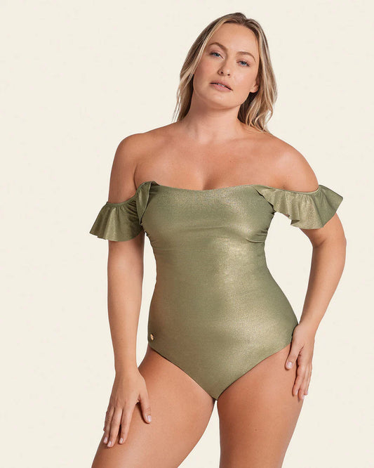 Ruffle Sleeve Shiny Slimming Swimsuit In Iridescent Green - Leonisa