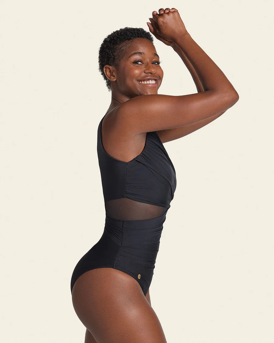 Asymmetrical Slimming Compression Swimsuit In Black - Leonisa