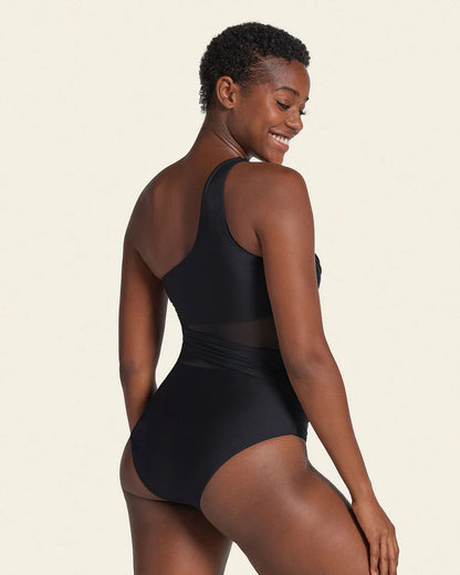 Asymmetrical Slimming Compression Swimsuit In Black - Leonisa