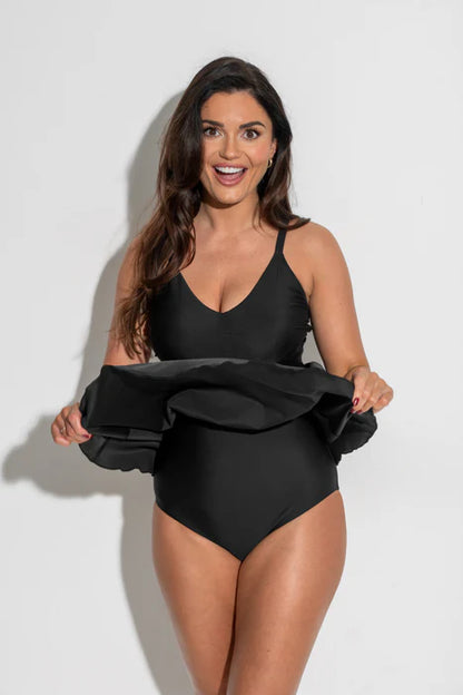 Standalone Suit Fiji V Neck Tummy Control Skirted Swimsuit In Black - Pour Moi