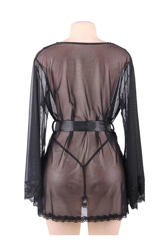 Ladies Long Bell Sleeve Mesh Robe In Black - Lovely Lies