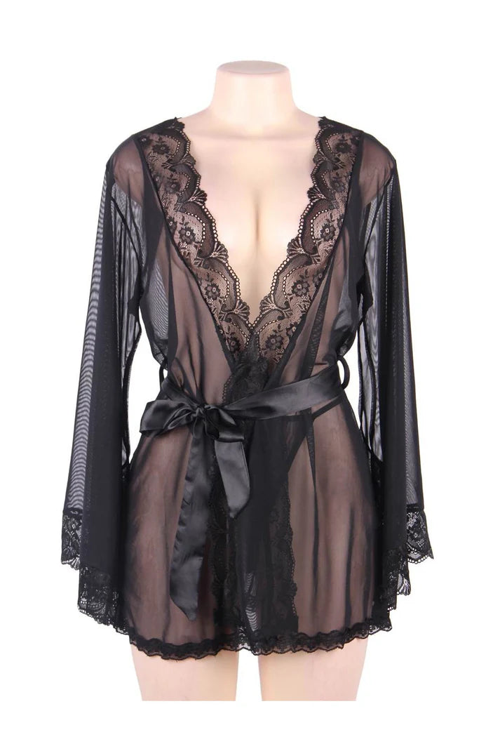 Ladies Long Bell Sleeve Mesh Robe In Black - Lovely Lies