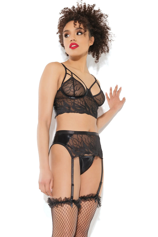 Bra Garter Belt & G-String in Black - Coquette