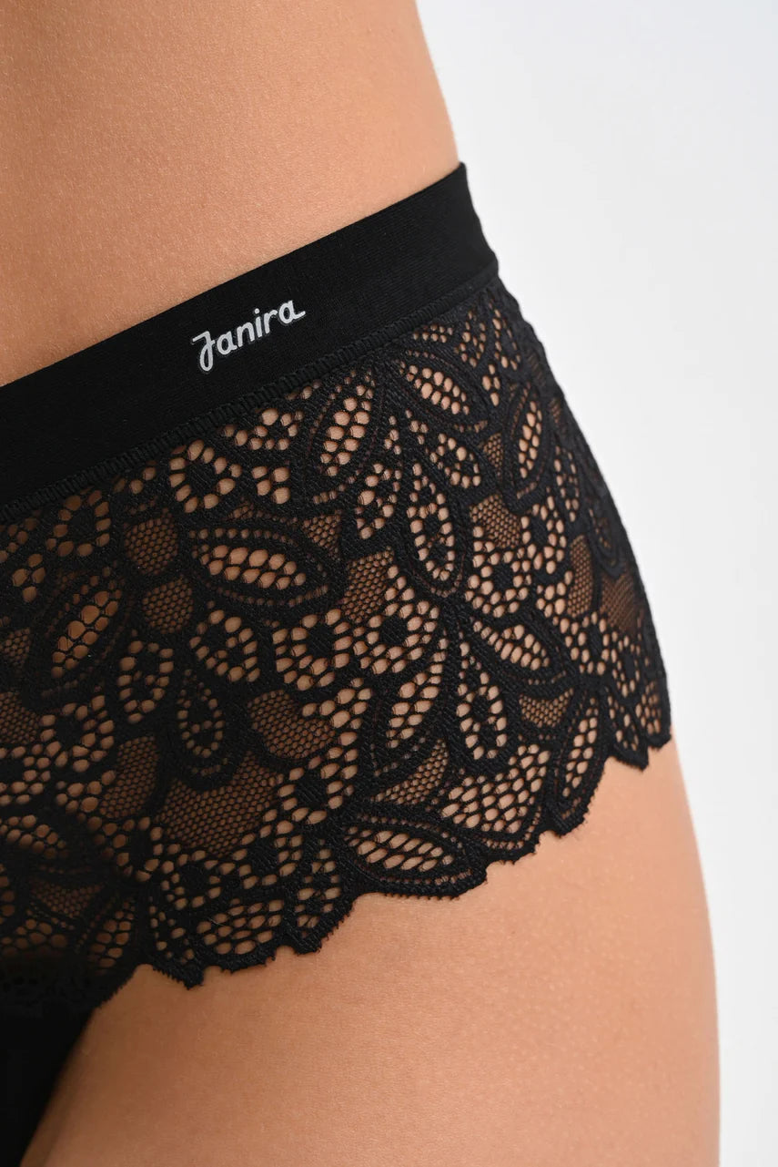 Model wearing Belle Cotton Shorty In Black - Janira, close view of lace