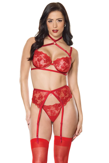 Bra Garter Belt & G-String in Red - Coquette