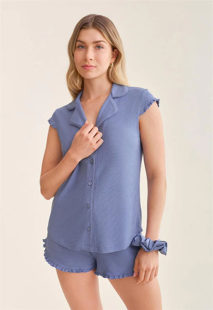 Shortie PJ Set In Denim Waffle - Fleurt