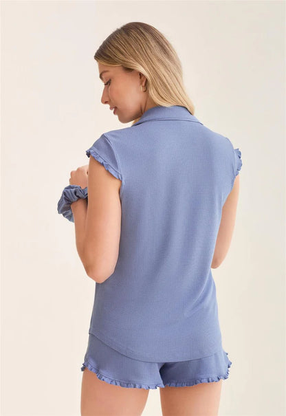 Shortie PJ Set In Denim Waffle - Fleurt