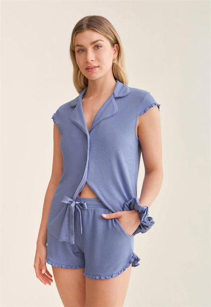 Shortie PJ Set In Denim Waffle - Fleurt