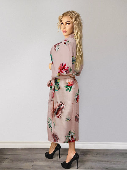 Ladies Sexy Floral Rose Printed Long Robe In Peach - Lovely Lies