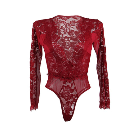 Sexy Deep Plunge Lace Long Sleeve Body Suit In Wine - Lovely Lies