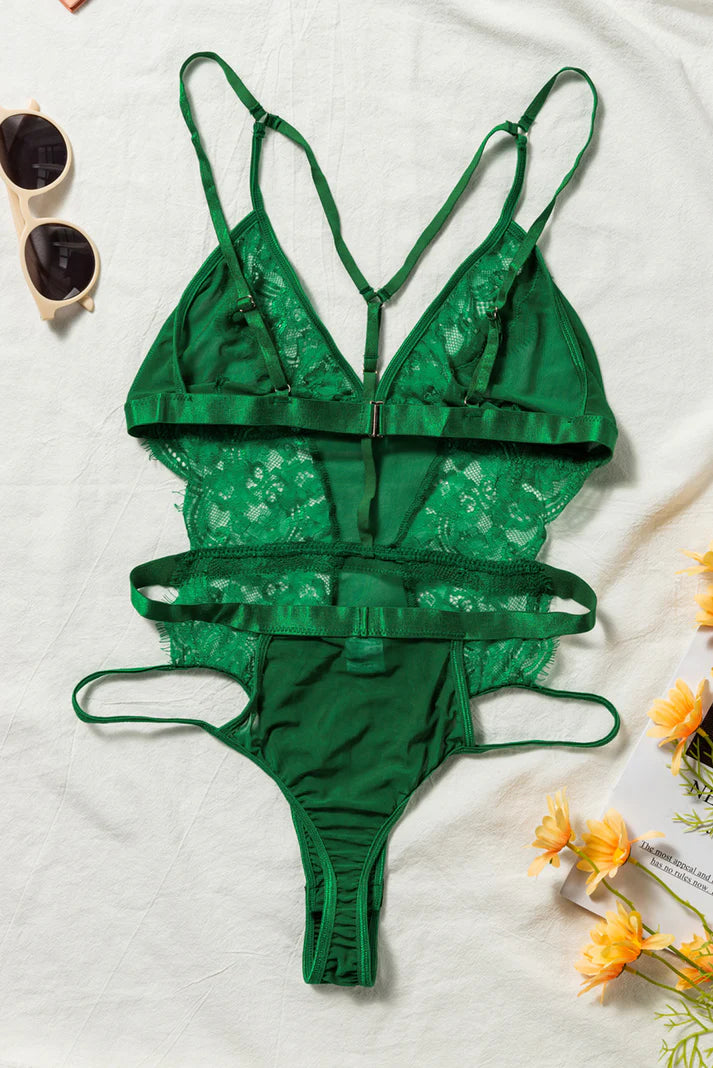 Ladies Lace, Satin, Mesh Teddy with Front Detail in Hunter Green - Lovely Lies