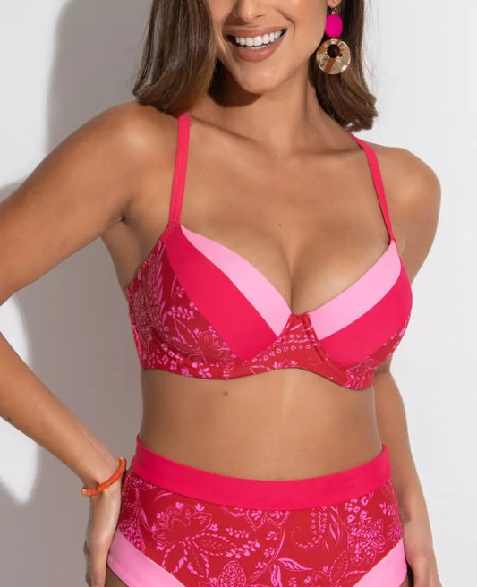 Model wearing Palm Springs Padded Top In Red & Pink  - Pour Moi, front view