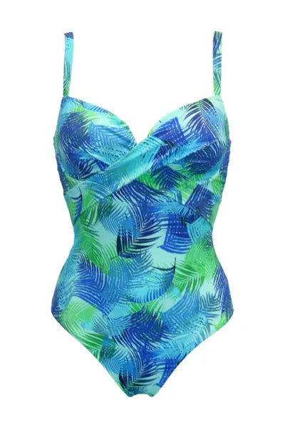 Aruba Underwired Twist Front Swimsuit In Aqua Palm - Pour Moi