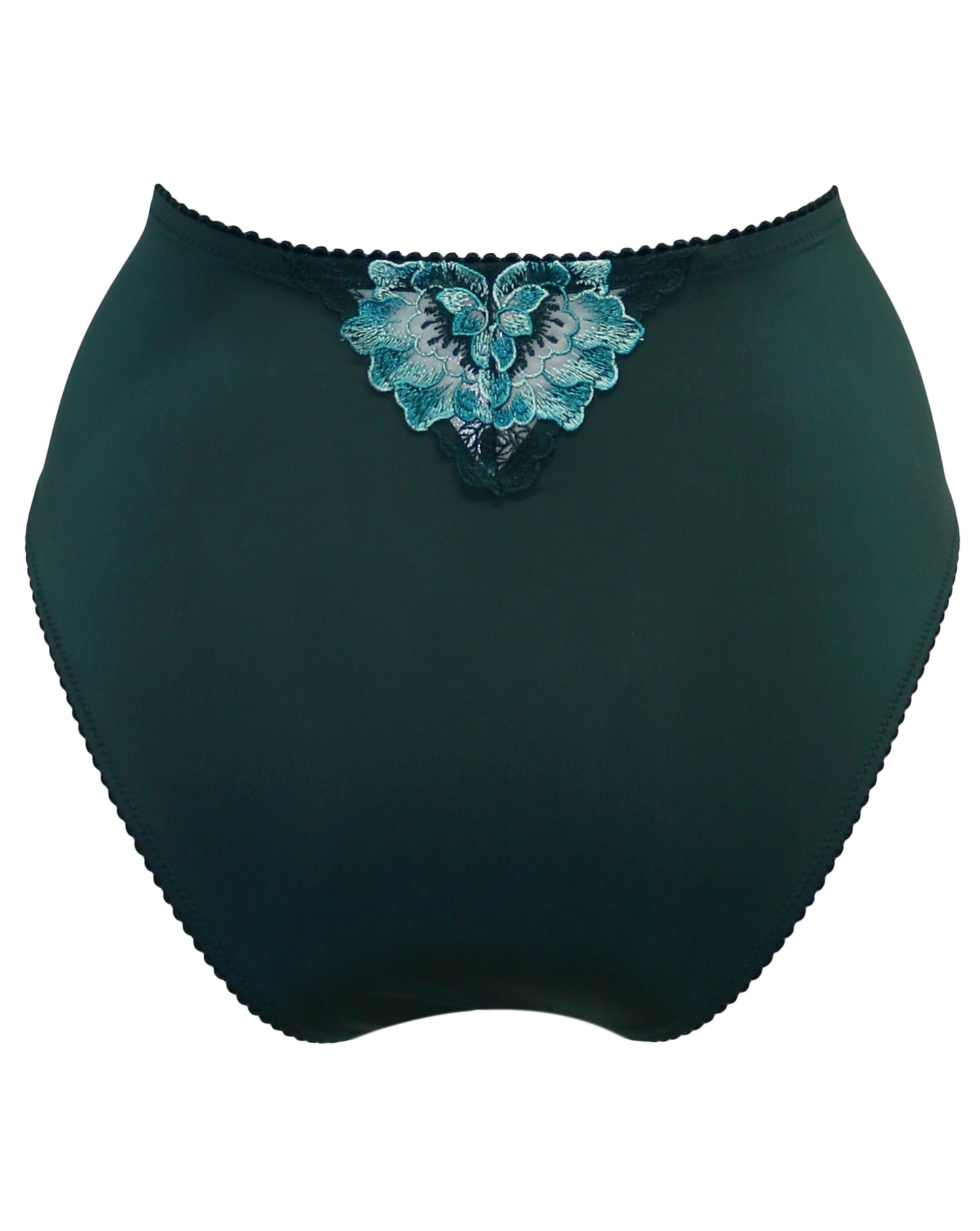 Sofia Lace Embroidered Deep Brief In Forest & Teal - Pour Moi