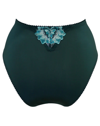 Sofia Lace Embroidered Deep Brief In Forest & Teal - Pour Moi