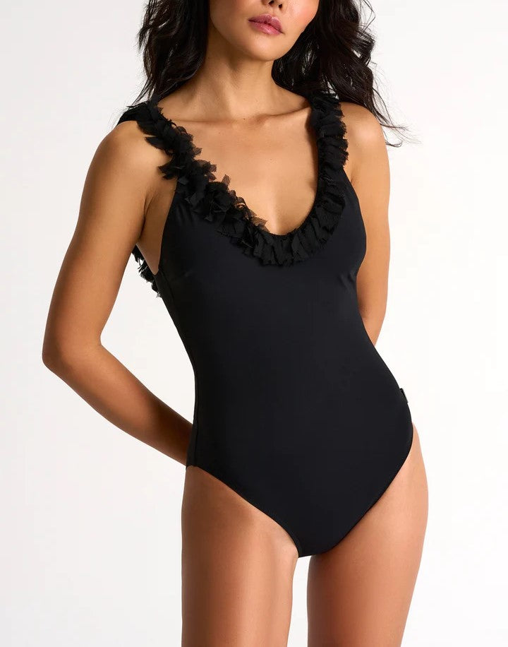 Jasmine Swimsuit With Fringes In Caviar - SHAN