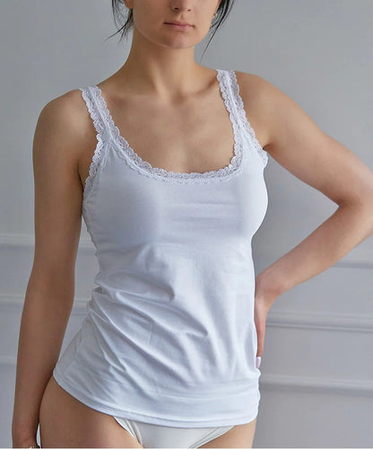 Model wearing Dolce Cotton Lace T-Shirt In White - Janira, front view